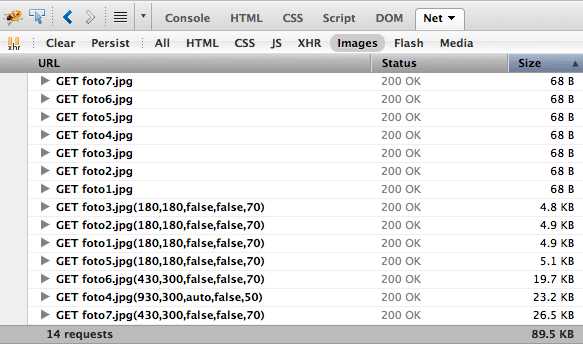 Schermafbeelding van het Tabblad 'Net → Images' in Firebug voor Firefox